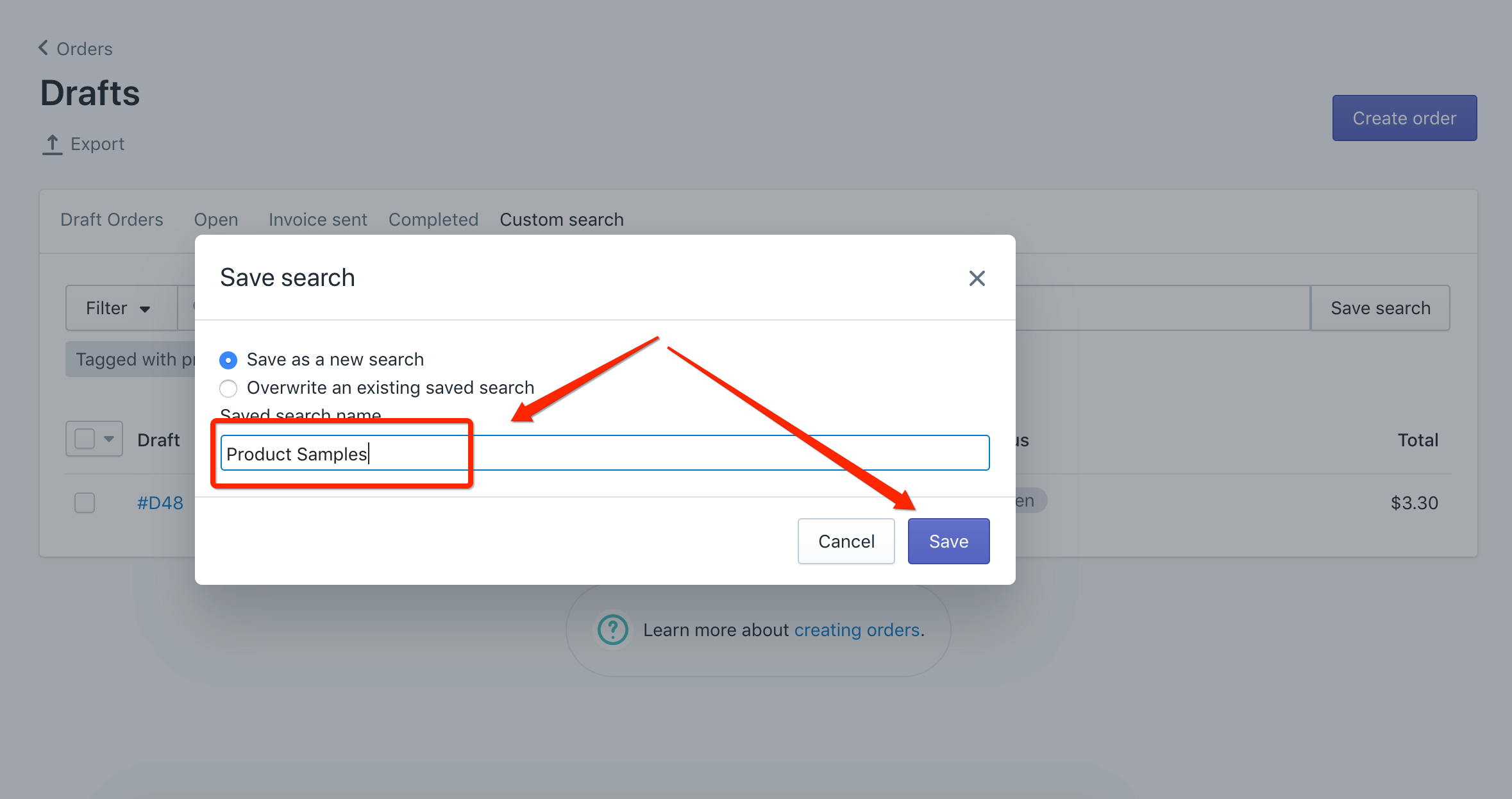 Save custom drafts order search filter