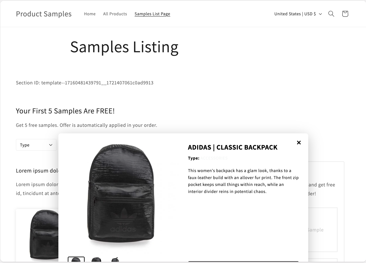 Fabric Detail Quick View modal open on the Samples Listing page