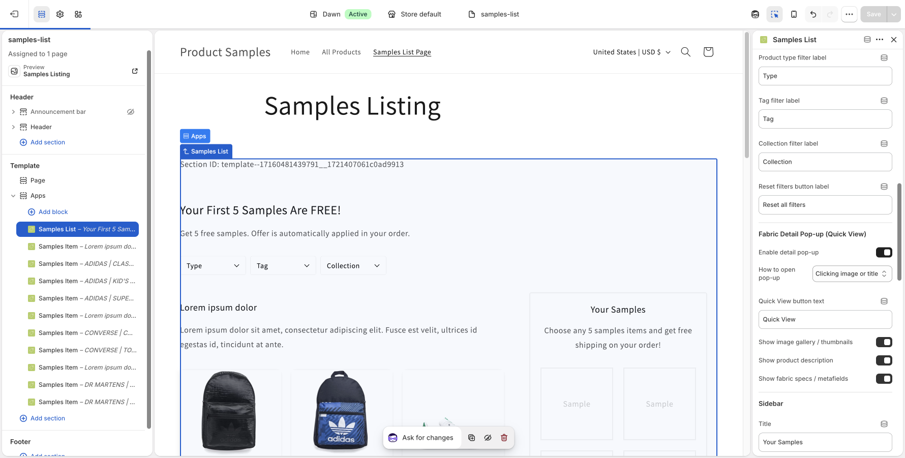 Shopify theme editor settings for the Fabric Detail Pop-up Quick View feature